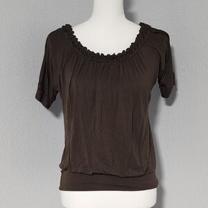 Vintage Y2K American Rag Cie Brown Blouse W/ Ruffle Detail Neck Size Extra Small